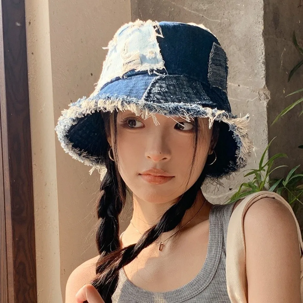 

Fashion Japanese Denim Bucket Hat Patched Beggar Style Retro Fisherman Hat Splicing Bule Sun Protection Basin Cap Women