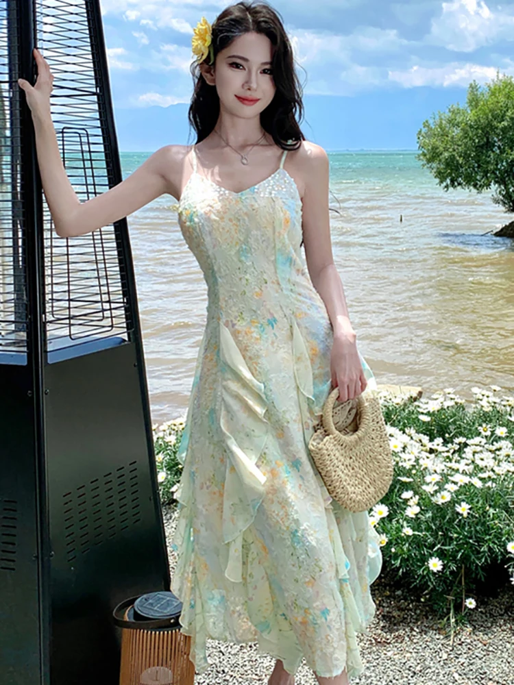 Summer Boho Jacquard Floral Sling Sexy Long Dress Women Elegant Casual Ruffled Prom Clothes 2025 New Korean Body Festival Dress