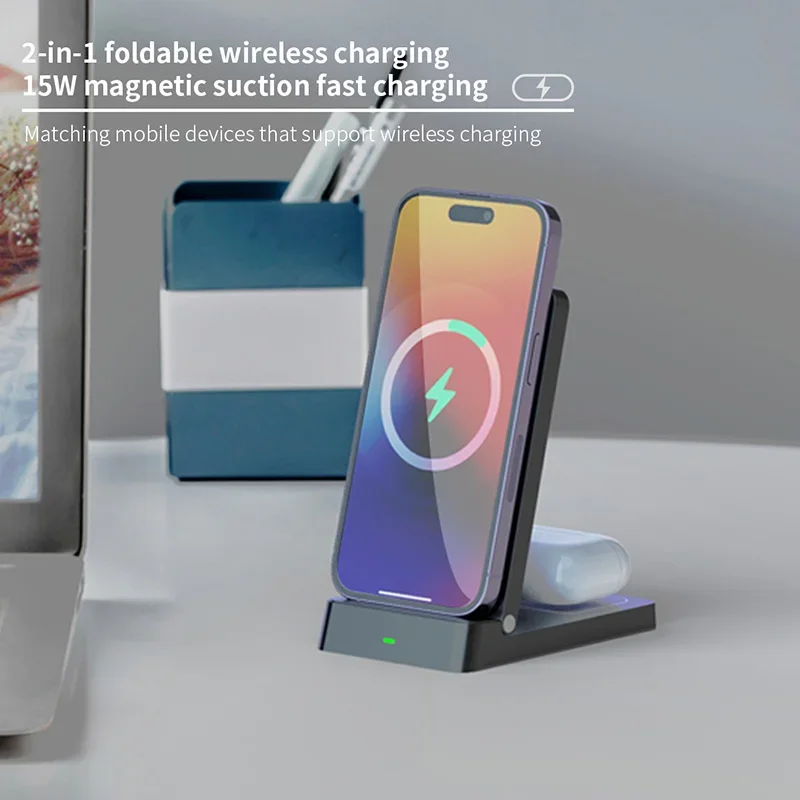 Dual-Coil 2-in-1 Faltbares Kabelloses Ladegerät Telefonhalter für iPhone 17 16 15 14 13 12 Xiaomi Airpods 2 Pro4/3 Schnellladeständer – Detail 2