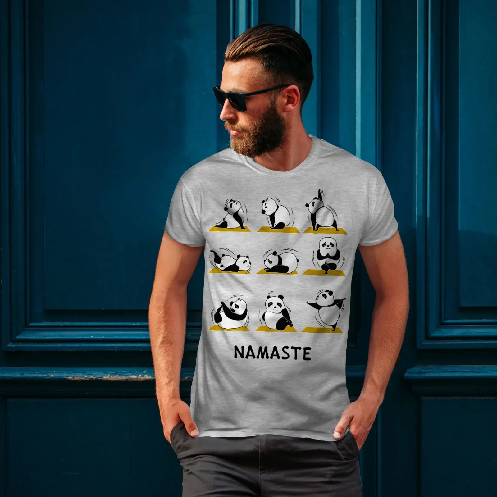 Namaste Funny Panda Yoga Poses Graphic T-Shirt 100% Cotton O-Neck Short Sleeve Summer Casual Mens T-shirt Streetwear