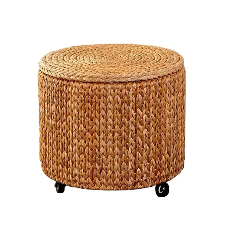 Living Room Furniture Retro Mobile Roller Skating Round Stool Manual Rattan Woven Small Stool Storage Box With Cover Footrest