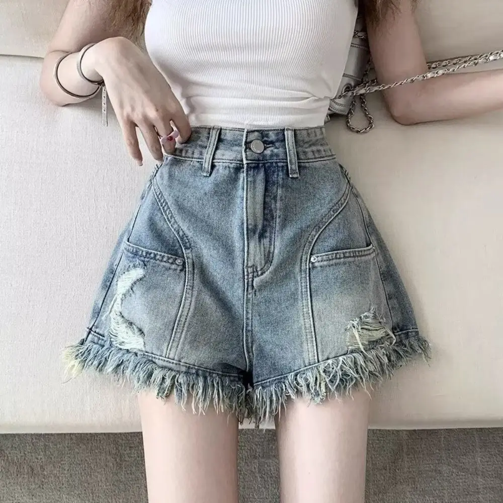 

Cool Summer Denim Shorts A Line High Waist Mini Cowboy Shorts Tassel Y2k Spicy Girl Jeans Shorts Party