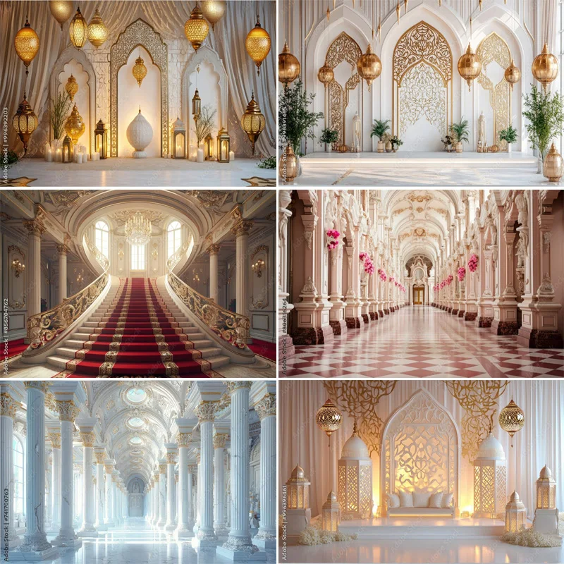 

Elegant White Wedding Hall Beautiful Palace Castle Photography Backdrops Elegant Pastel Flower Photo Studio Background DT-02