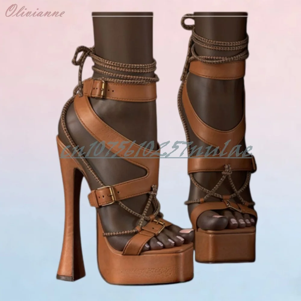 

Hollow Design Brown Buckle Strap Strappy Sandals Chunky High Heel Platform Dancing Fashion Women Shoes 2026 Women Dance Shoes