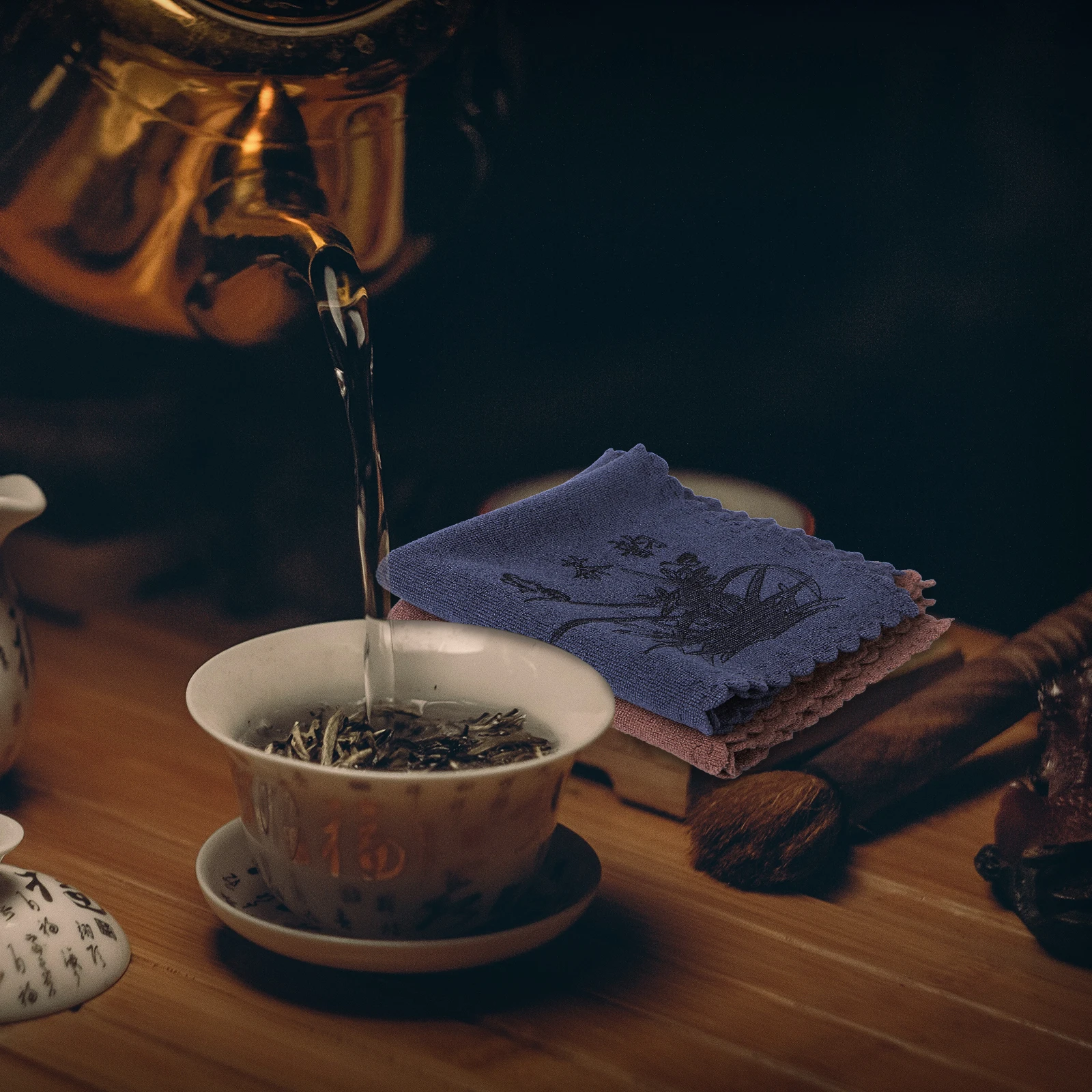 

2pcs Cotton Tea Towel Tea Tablecloth Dishcloth Thickened Tea Towel Water Absorption Fu Tea Accessories for Tea (Blue +