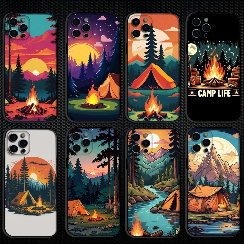 

Nature outdoor camping Phone Case For iPhone 16,15,14,13,12,11 Plus,Pro Max, Soft Silicone Black Cover
