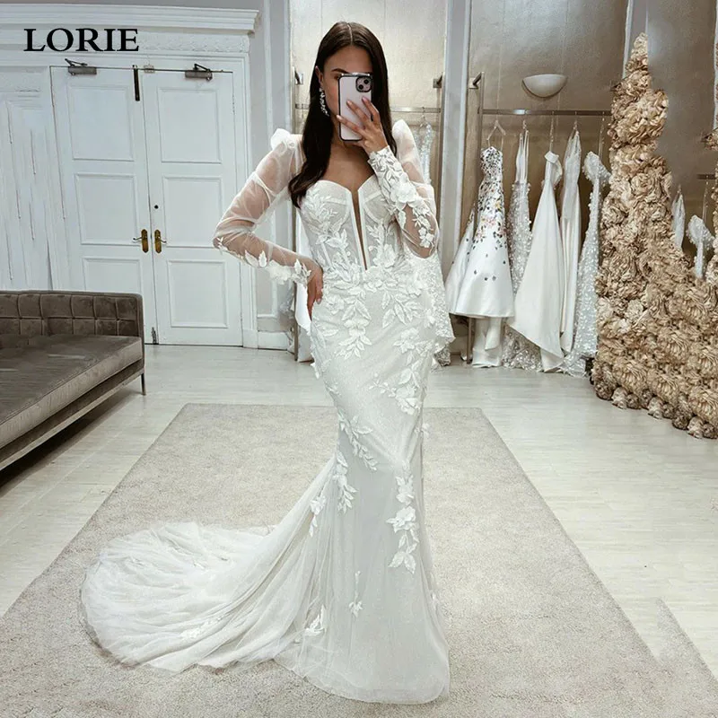 

LORIE Long Sleeve Mermaid Wedding Dress Lace Sweetheart Neck Bride Dresses Appliqued Lace Wedding Gowns Plus Size