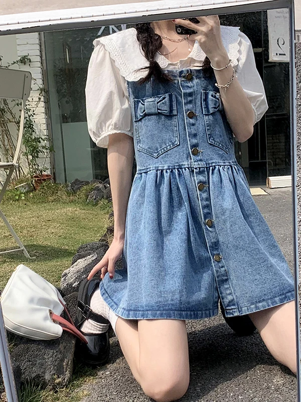 Slimming  Knot Denim Overalls Women's Summer Thin Large Size Abdomen Control Short Skirt Dress for plus Size Women