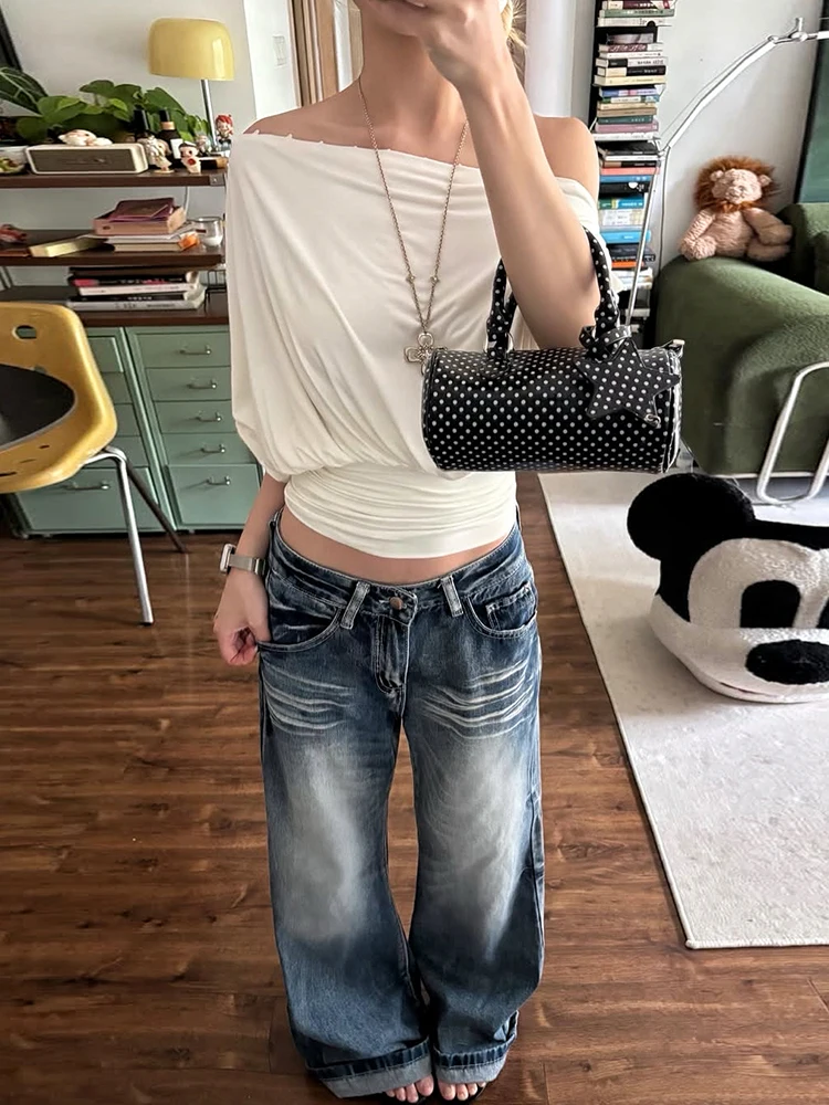 Weird Puss Loose T-Shirt Women Off-Shoulder Batwing Sleeve Folds Leisure Comfortable Summer Fashion Daily Commute Streetwear