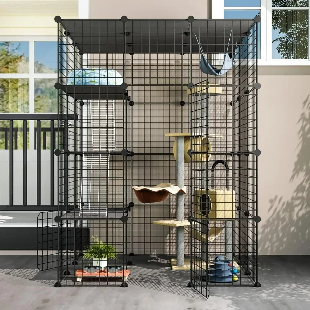 

Outdoor Cat House Cat Cages Enclosure with Super Large Enter Door, Balcony Cat Playpen with Platforms