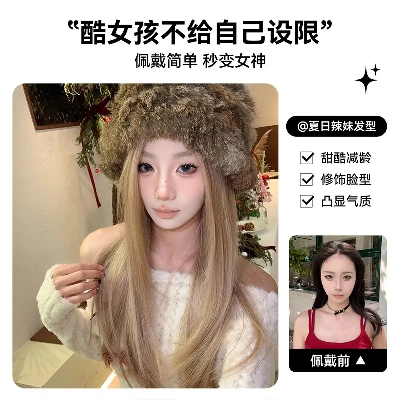 Synthetic Long Straight Wig for Women, Korean Style Face-Framing Center Part Hand-Tied Lace Cosplay Natural Look Full Cap