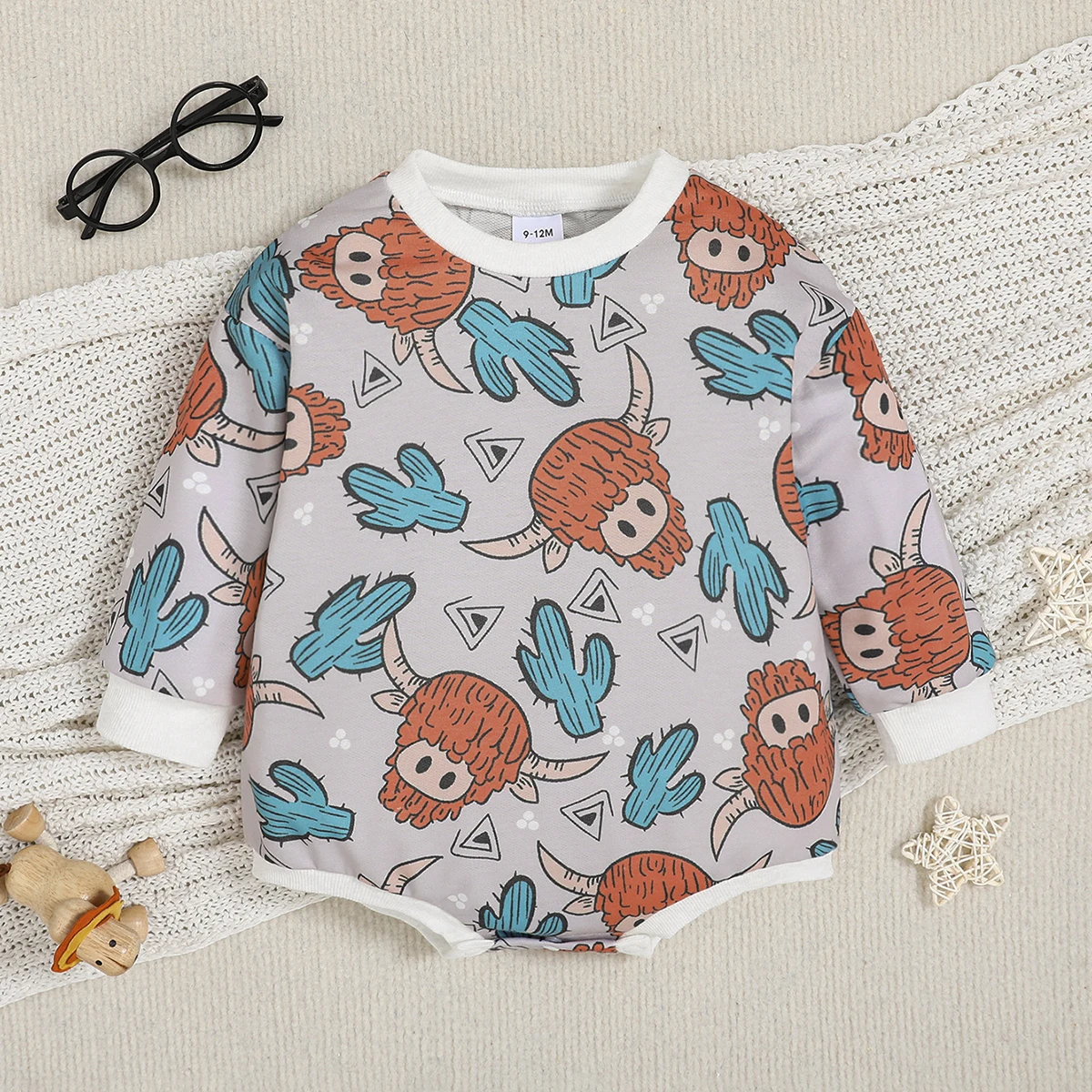 Baby's Spring Autumn Summer Casual Cartoon Yak & Cactus Print Romper - Light Gray Base Fun Animal All-Over Print Long-Sleeve One