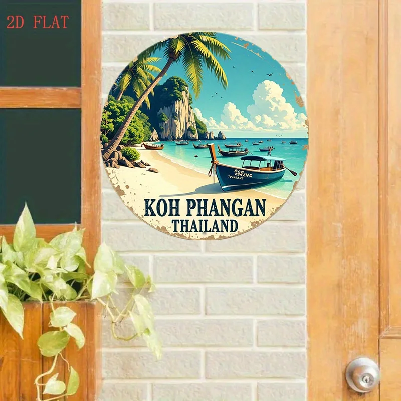 Vintage Koh Phangan Thailand Rundes Blechschild, Retro Tropischer Strand Longtail-Boot Berglandschaft Metall-Wandkunst, Rustikales Thai I