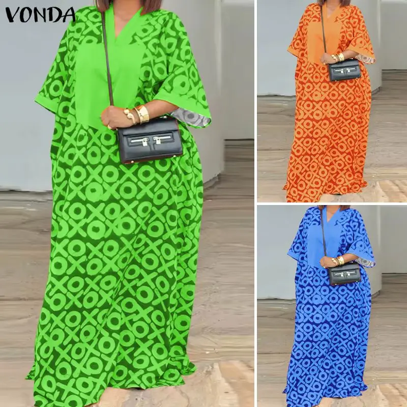 

Платье VONDA больших размеров 5XL для женщин, винтажное, с принтом, рукав 3/4, повседневное, с V-образным вырезом, в богемном стиле, макси-сарафан, модная длинная рубашка-платье, роба