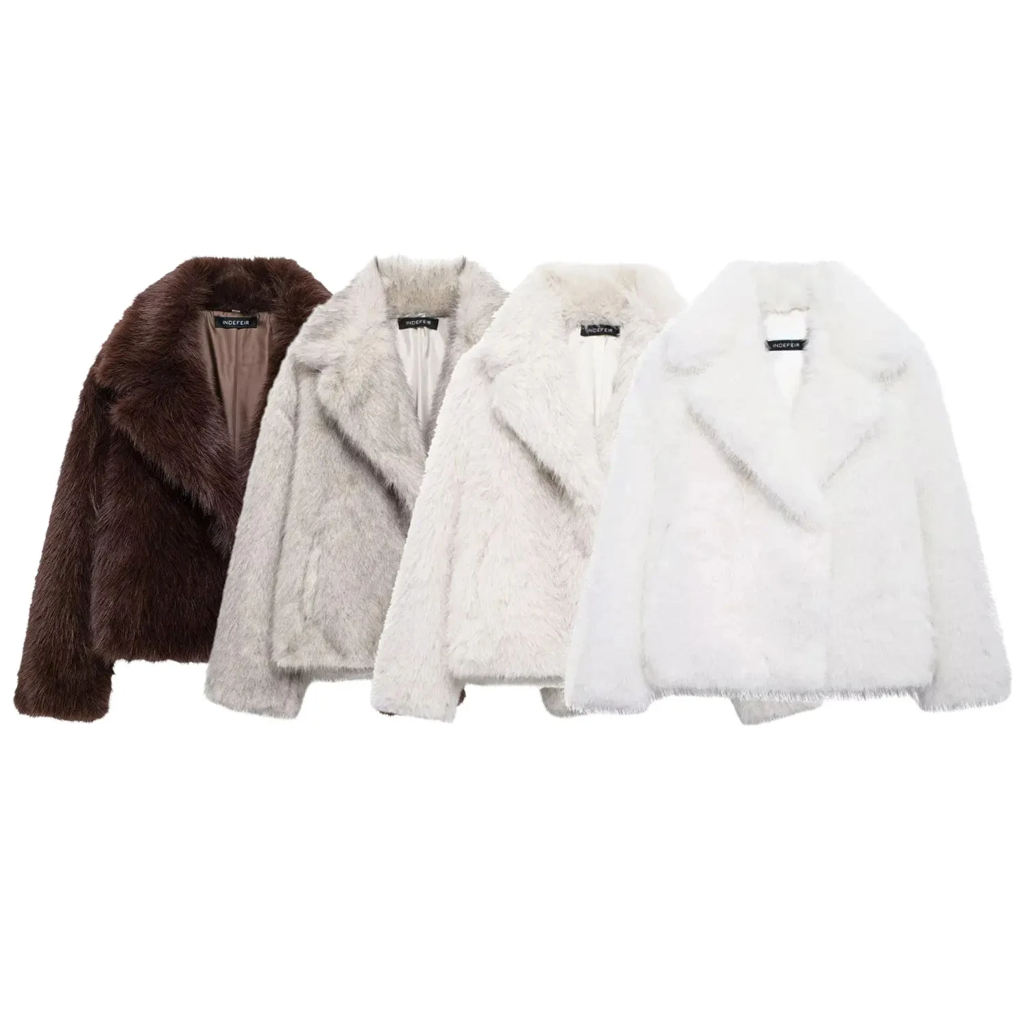 2025 여성용 인조 모피 숏 코트 긴 소매 라펠 솔리드 베이지 우아한 캐주얼 두꺼운 따뜻한 아우터웨어 트렌드