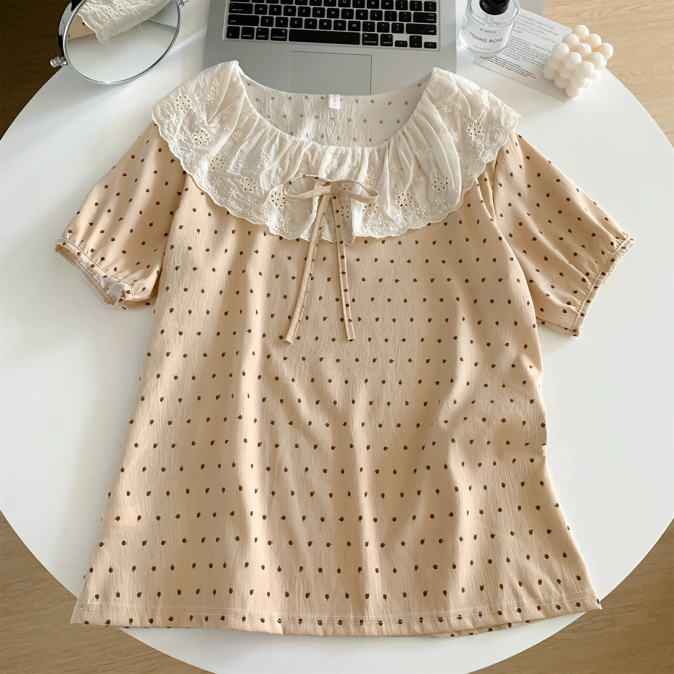 Lace Round Lapel Short Sleeve Women Pajamas Set Summer Polka Dot Print Nightwear Pants Cloud Cotton Female 3 Piece Pyjamas Suit