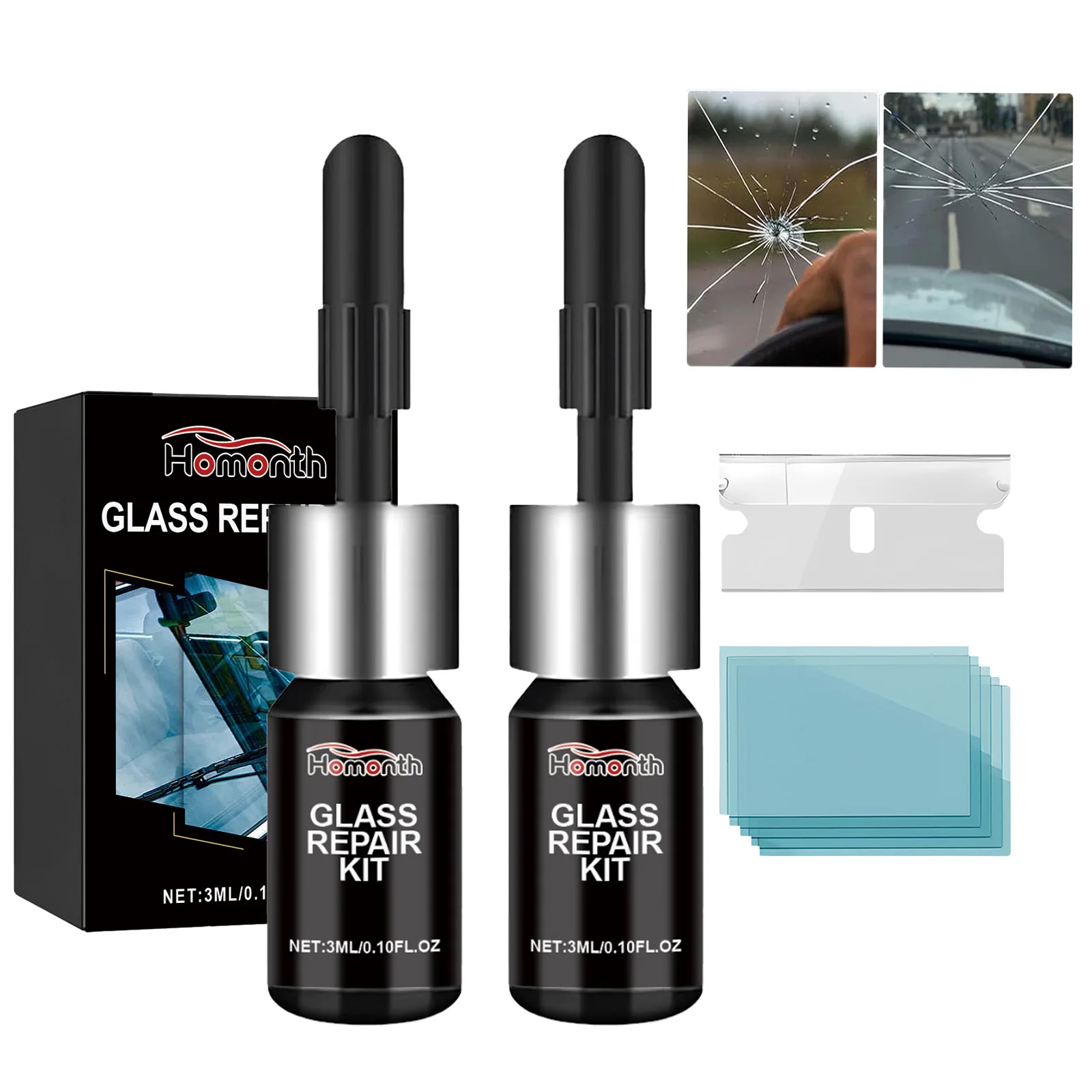 Windshield Repair Kit – Car Glass Crack Fix Tool for Chips, Star-Shaped Cracks & Scratches, Resin Filler with Curing Strip, Auto Glass Maintenance Kit