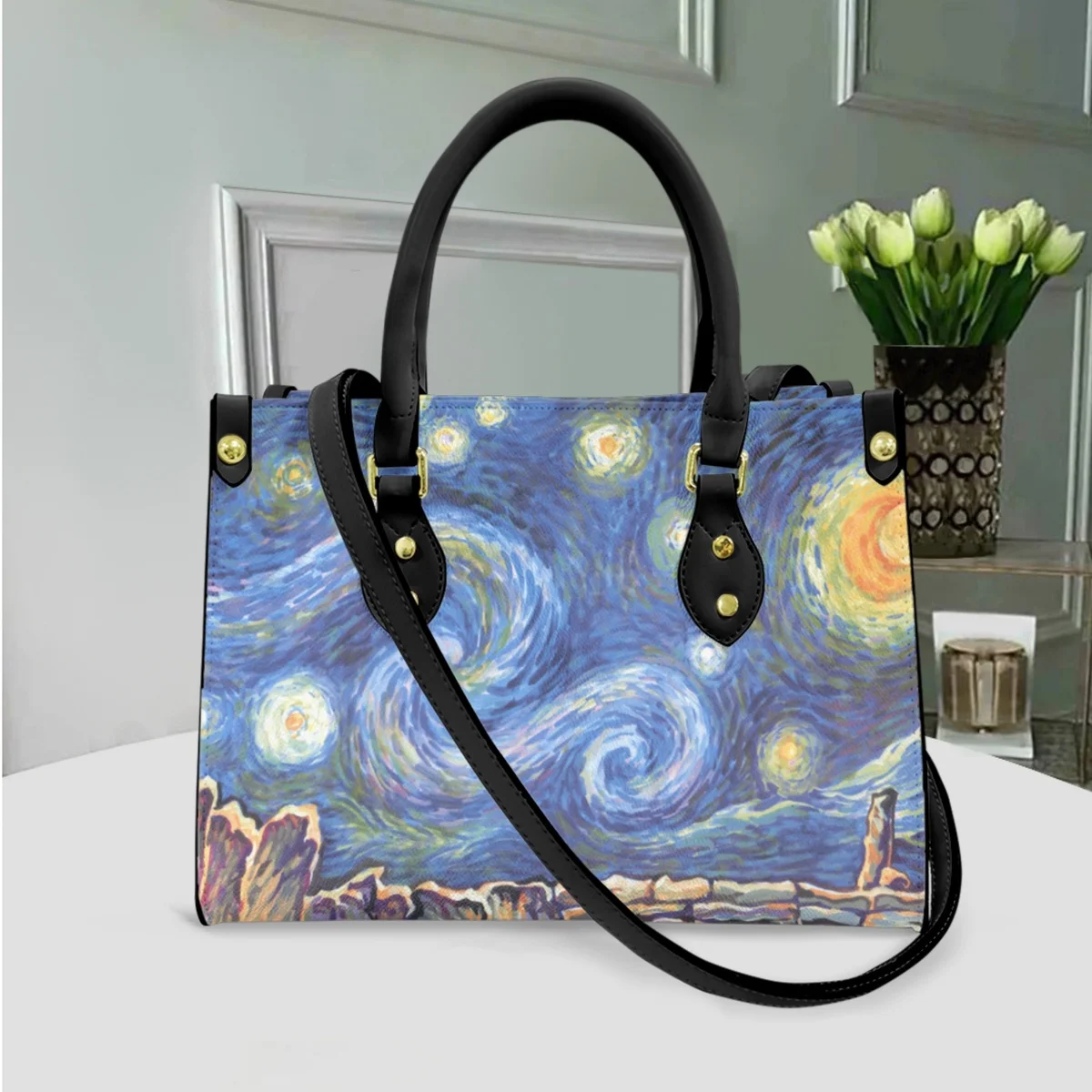 Mother's Day Gift Van Gogh Starry Night Design Fashion Messenger Bag Women Vintage Top Handle Leather Casual Shoulder Bag 2023