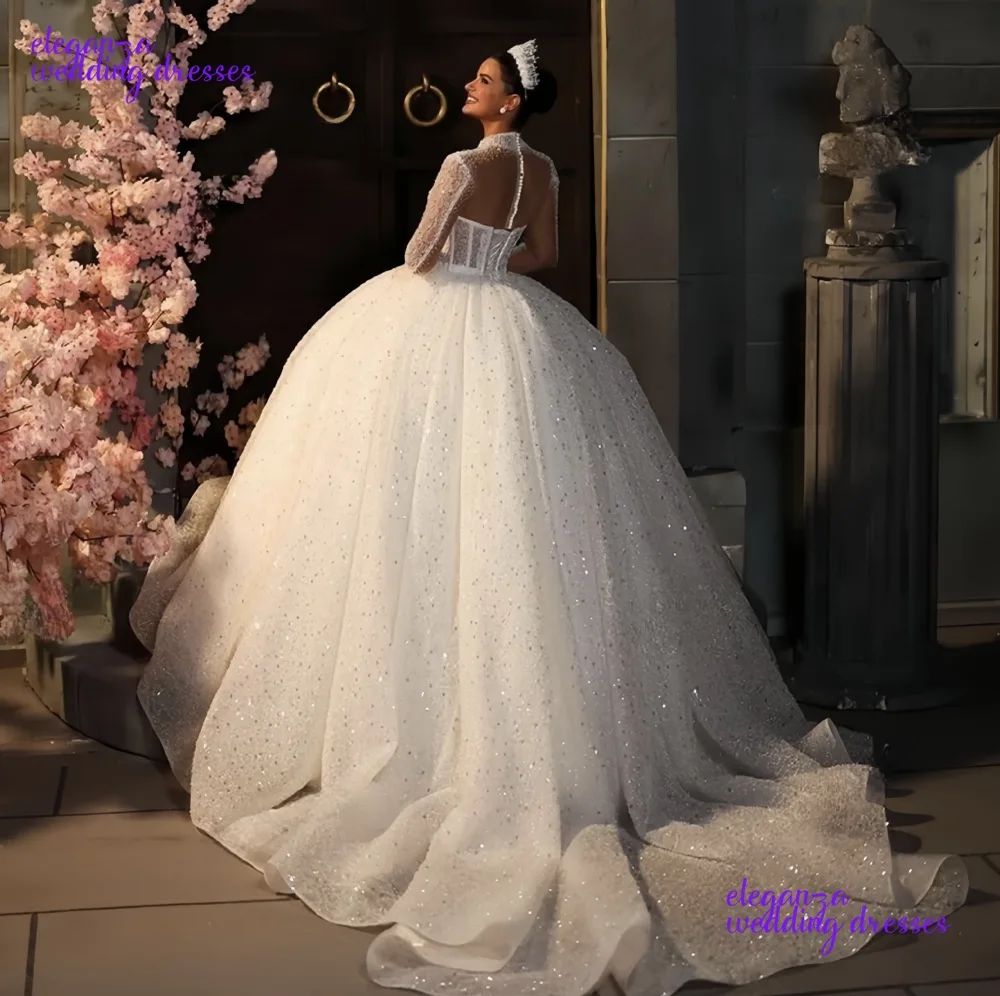 Customized Wedding Dress Organza With Embroidery Bead Ballgown High-Neck Fullsleeve Bridedress Button Vestidos De Novia 2025