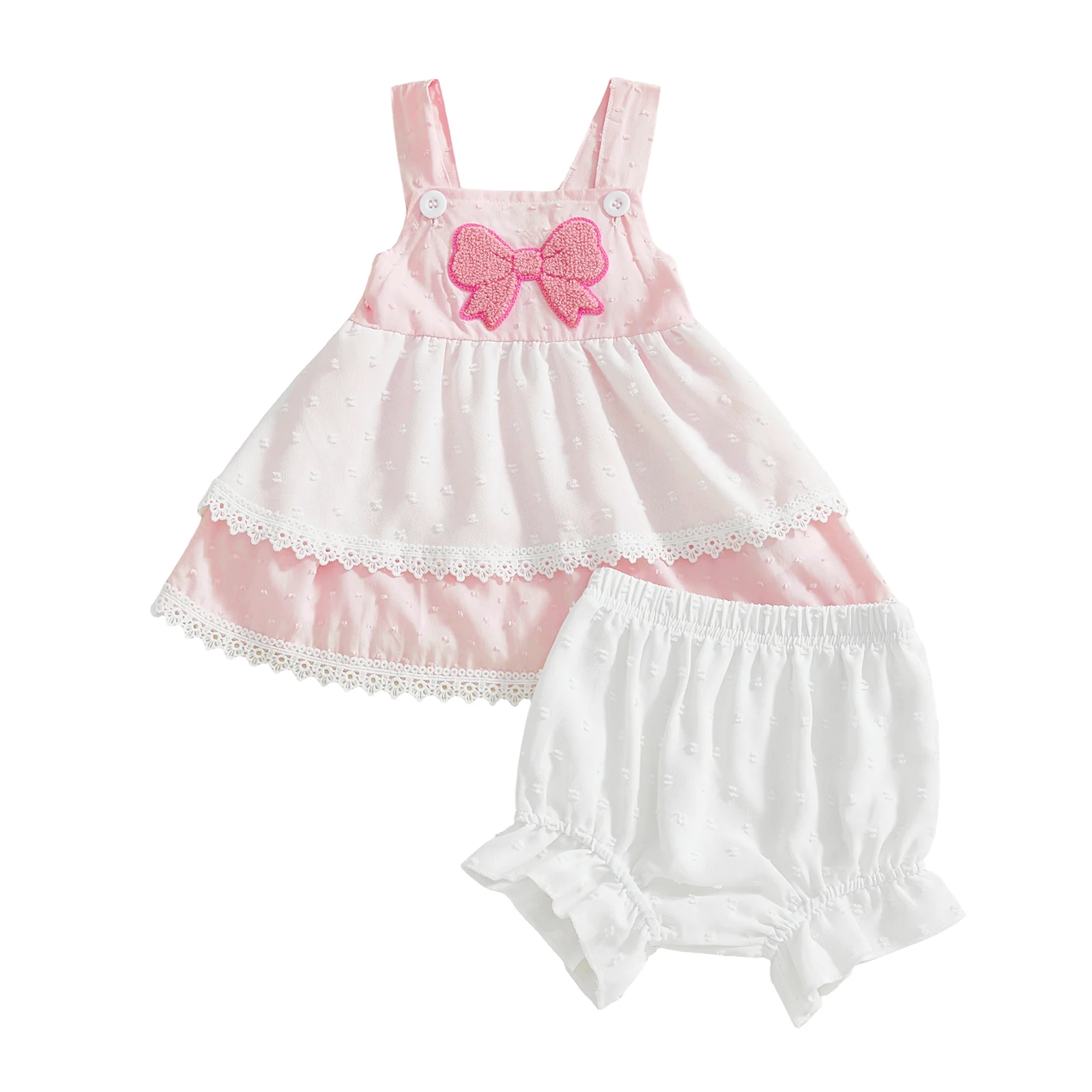طقم رائع للفتيات الصغيرات مع قميص بدون أكمام بتفاصيل فيونكة وسروال قصير مكشكش ومطرز بالدانتيل مكون من قطعتين للصيف