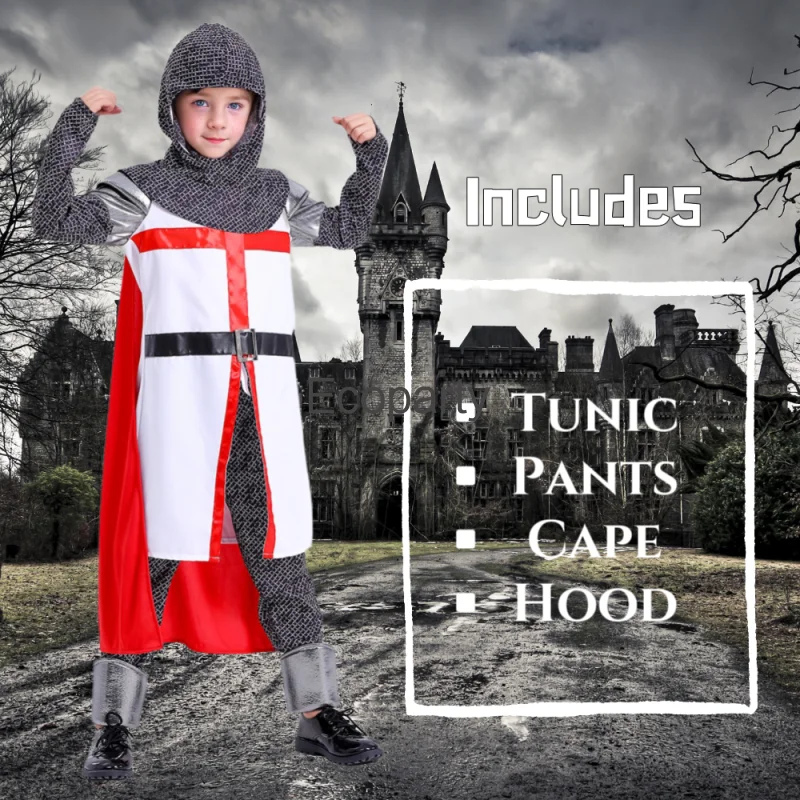 Disfraz de caballero cruzado Medieval para niños y niñas, traje de lujo Vintage Paladin, bata, capa, pantalones, trajes de Carnaval de Halloween