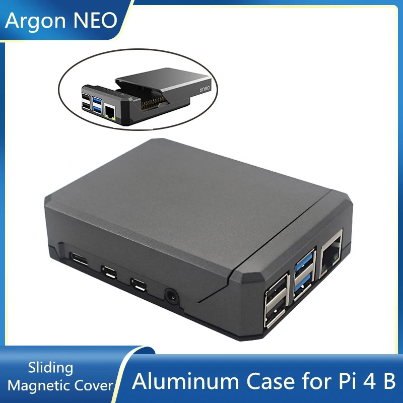 

Argon NEO Case for Raspberry Pi 4 Aluminum Metal Shell Sliding Magnetic Cover Passive Cooling Silicon Heat Sink for RPi Model 4B