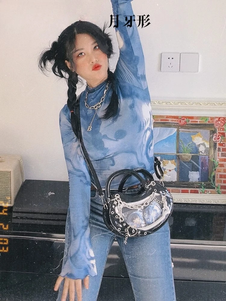 2025 New Original Crescent-shaped Subculture Y2K Spice Girl Small Food Pain Bag PU Material Black and Purple Oblique Span Bag