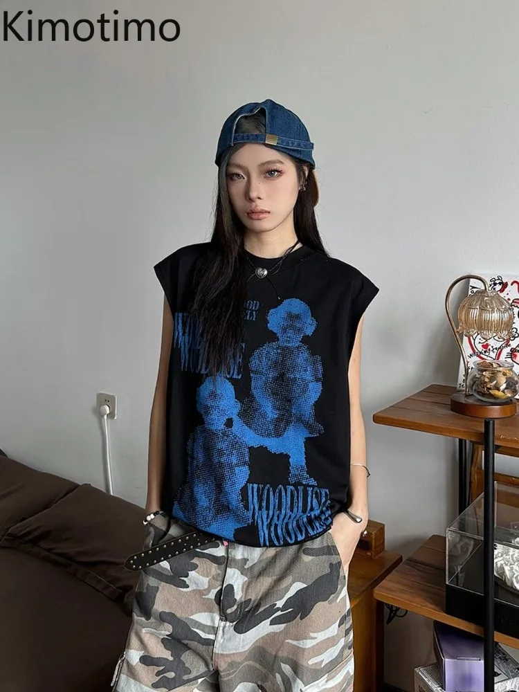 Kimotimo Graphic Printed Sleeveless T-shirt Women American Vintage Loose O-neck Vest Tops Summer Harajuku Y2k Aesthetic Tanks