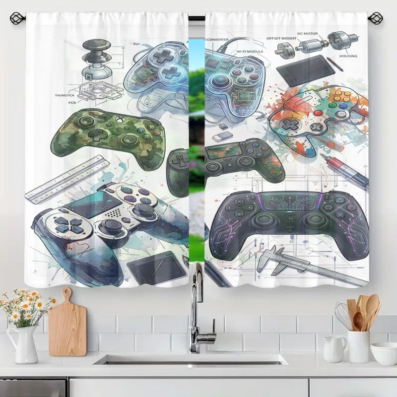 Blueprint Game Controller Schematic Curtain Panel Gamer Room Decor Geek Pop Art Window Drapes PCB Circuit Board Tech Streamer Ae
