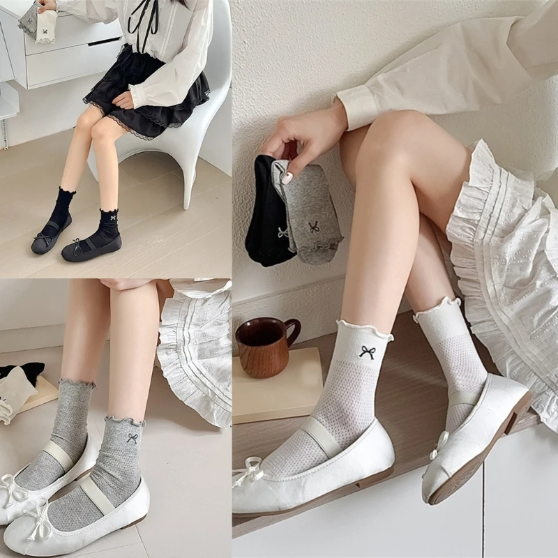 Trendy Mesh Socks with Embroidered Bowknot Ruffle Middle Calf Cotton Socks