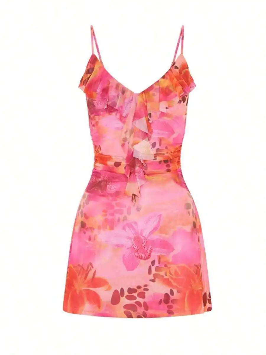 

Floral Print Ruffle Trim Cami Mini Dress For Summer Vacation Beach Party