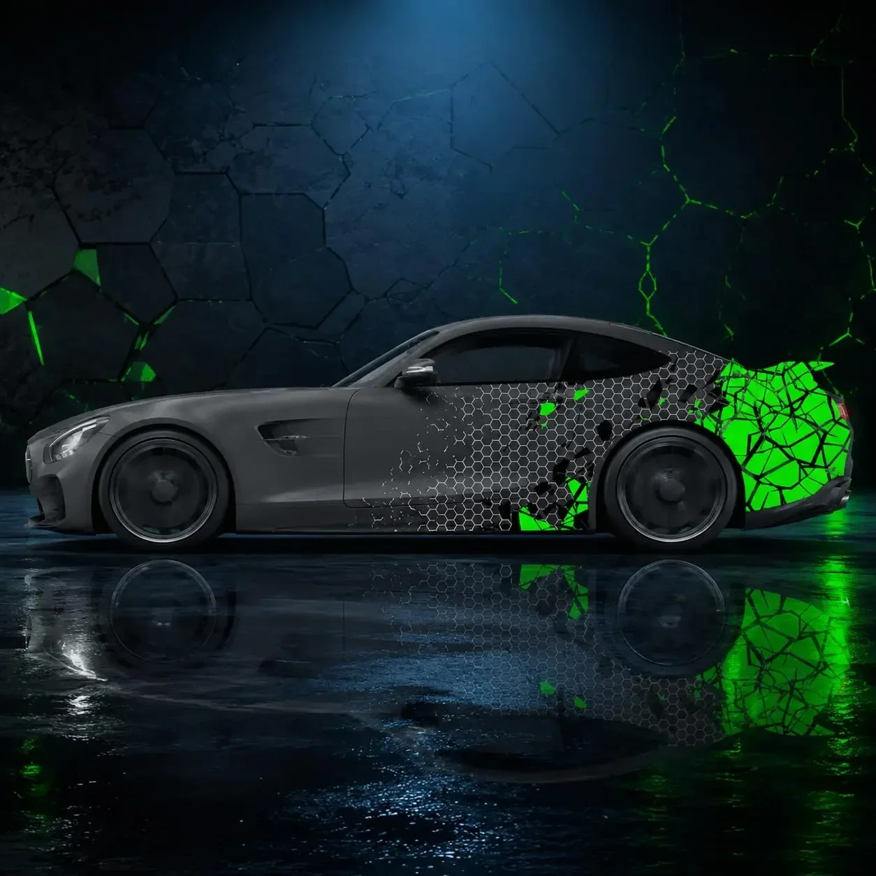 2pcs Hexagon Cracked Green Black Car Side Vinyl Wrap Decal Sticker