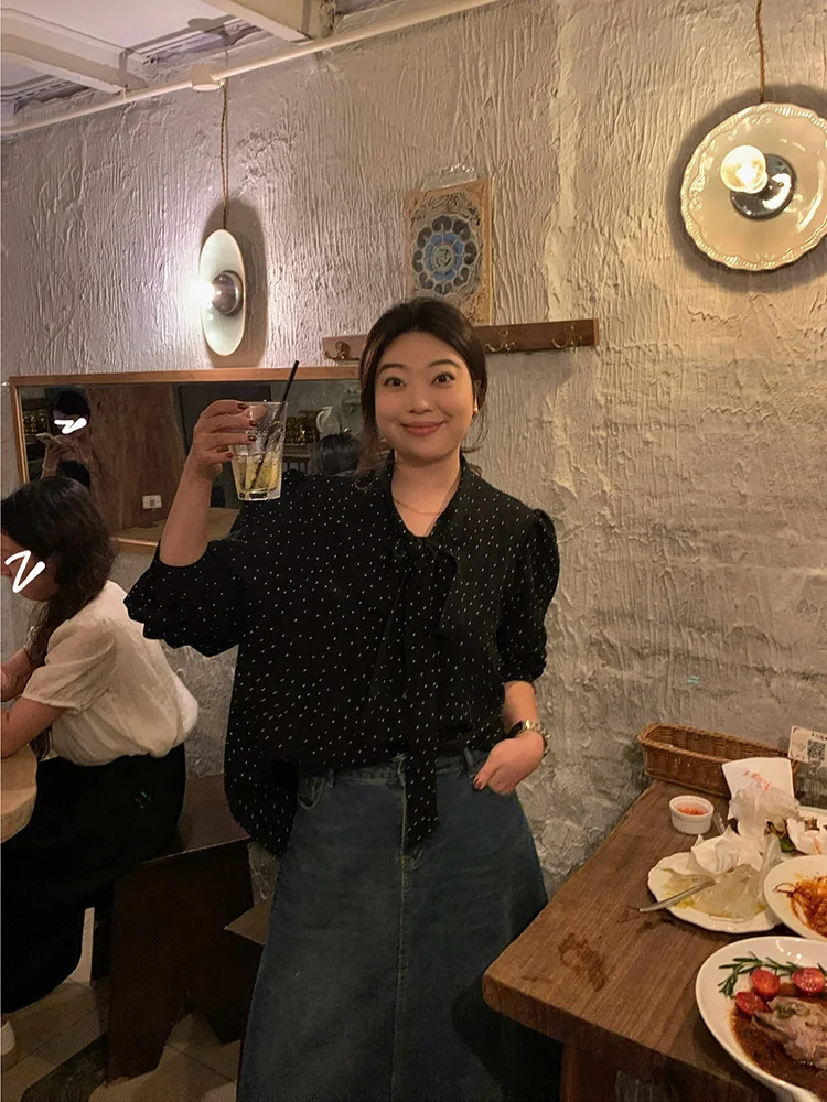 

Lin Da Hui Polka Dot irt Women's plus Size Loose Slimming Korean Sle Long Sve Breathable Comfortable Autumn New Arrivals