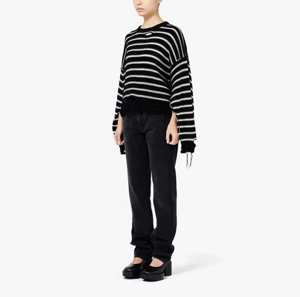 

New And Winter 2023 Autumn Women's Clothing Ripped Color Block Sweater 1025