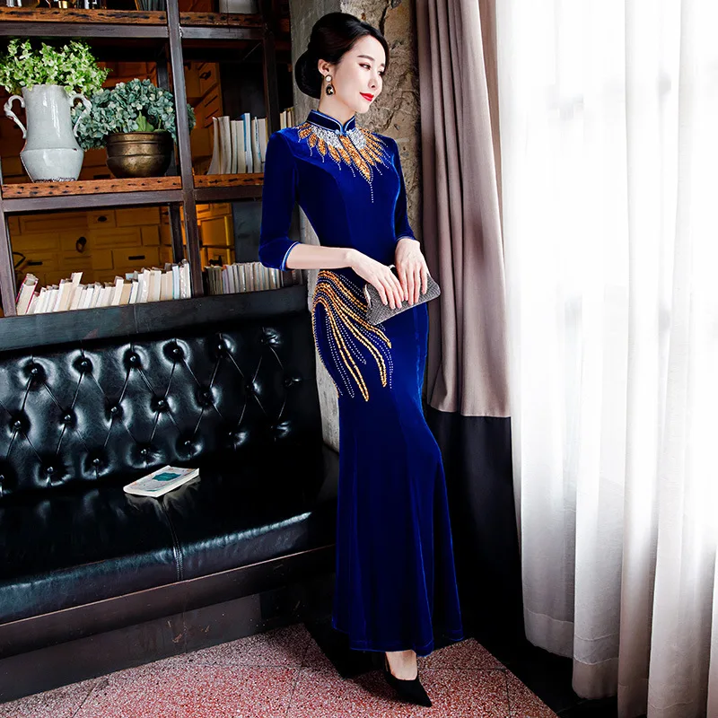 Navy Blue Velvet Lady Long Qipao Sexy Fishtail Half Sleeve Cheongsam Plus Size Traditional Chinese Dress Classic Sequin Vestidos