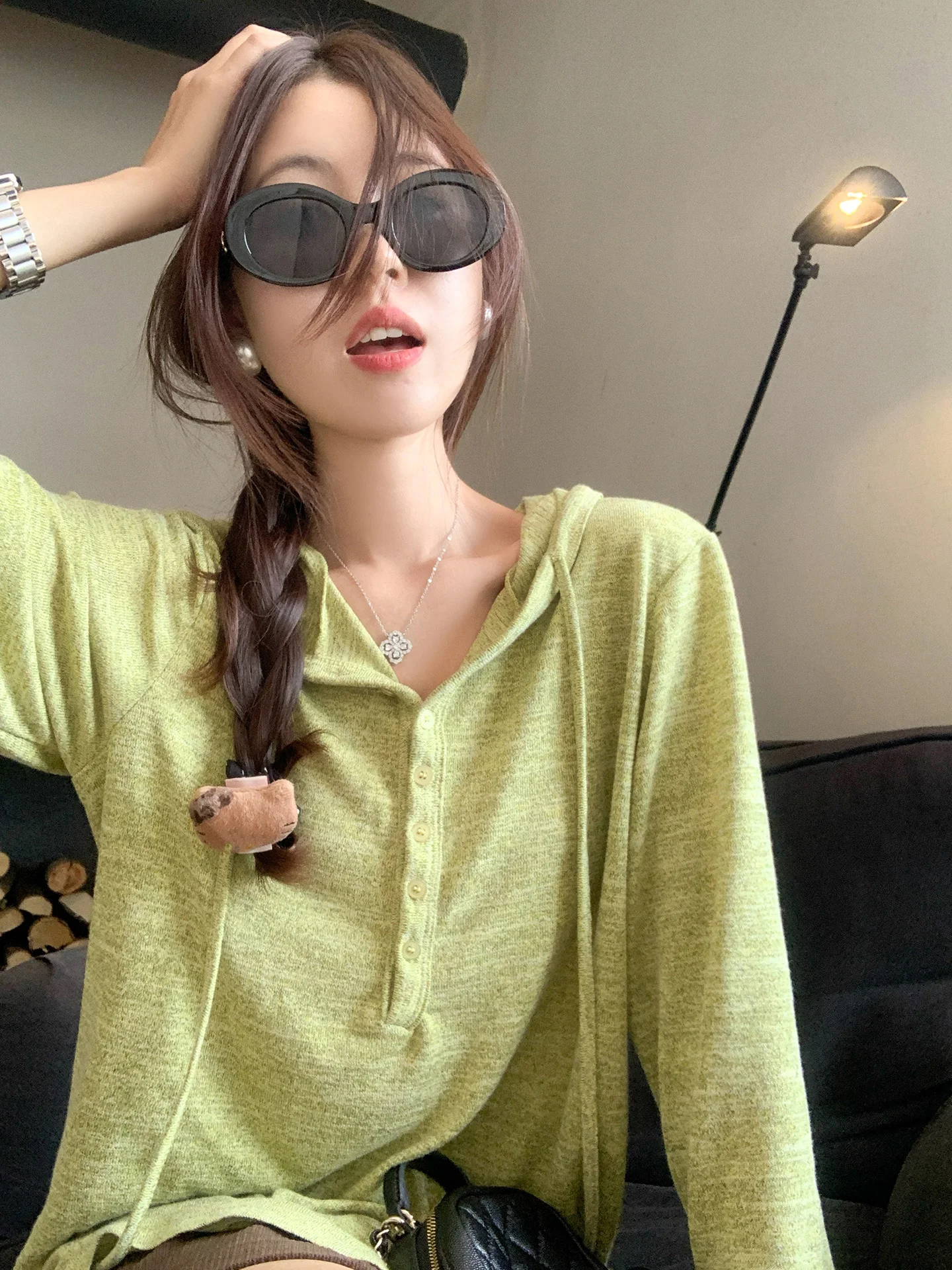 

Korean Sle Long Sve Hoodie Knitted Women's Loose Top Early Autumn Aosphere Feeling Avocado een Color Faionable Swe...
