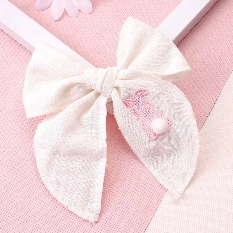 Oaoleer Sweet Girls Rabbit Embroidery Bow Hair Clips Cute Solid Bowknot Hairpin Cotton Barrettes Kids Headwear Hair Accessories