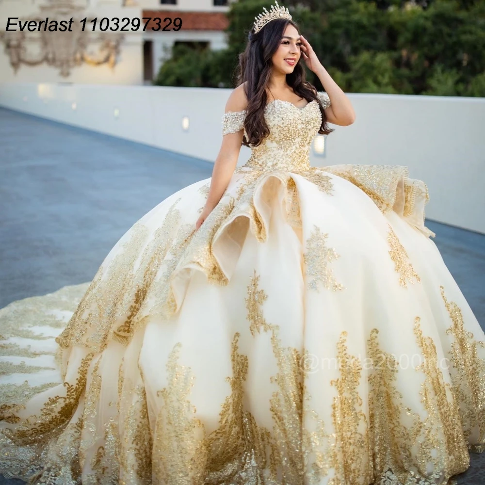 Evlast Mexicaanse Ivoor Quinceanera Jurk Baljurk Gouden Kanten Applique Kralen Ruches Korset Sweet 16 Vestidos De 15 Anos Tqd823