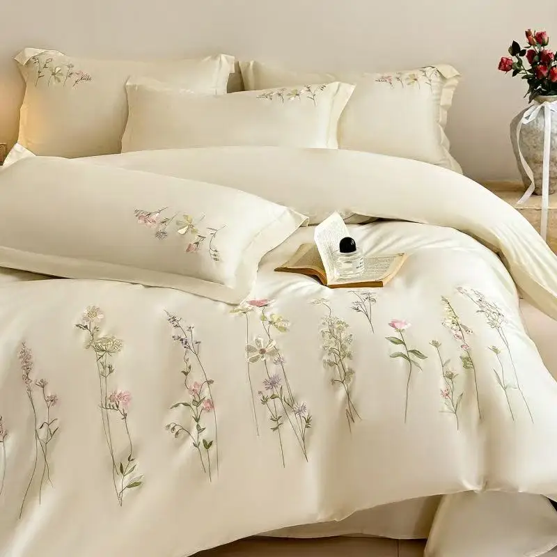 Luxury Floral Embroidery 100% Cotton Bedding Set Queen King Size Duvet Cover Bedsheet Pillowcase For Single And Double Bed