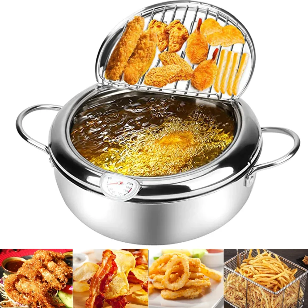 Japanese Stainless Steel Tempura Fryer Pan with Thermometer and Lid - Oil-Free Frying Pan