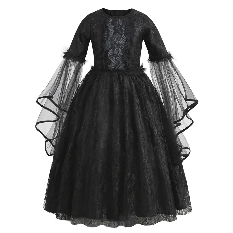 Kinder-Kostüm „Königliche Vampir-Königin“ Retro Schwarzes Kleid mit Rosen-Stickerei Mädchen Gothic-Kleid Halloween Straßenparade Bösewicht-Rollenspiel-Outfit – Detail 4