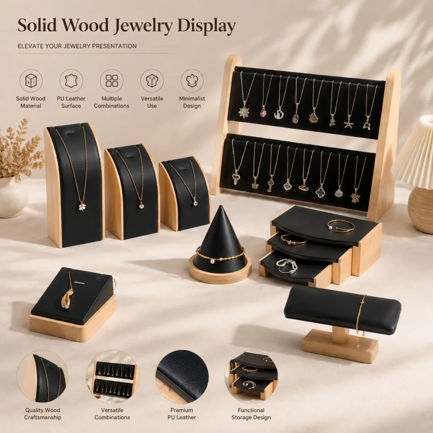 Solid Wood PU Jewelry Display Multi Combination Necklace Ring Bracelet Holder Jewelry Shop Counter Photography Prop