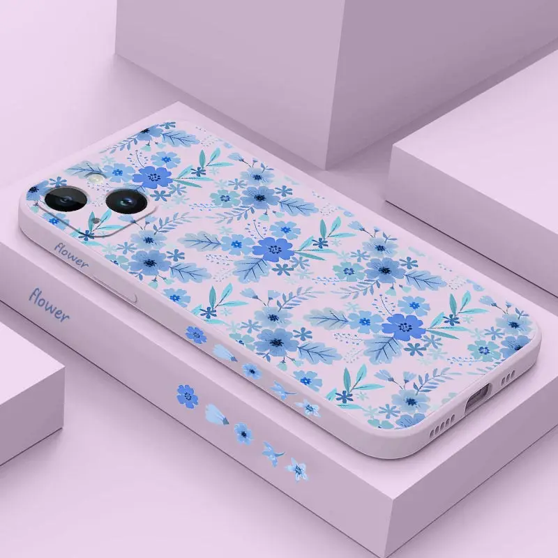 Blue Floral Silicone Phone Case For iPhone 14 15 12 11 13 Pro Max Mini 14 15 Plus 8 7 6 6S Plus X XR XS 14 15 Pro Cover
