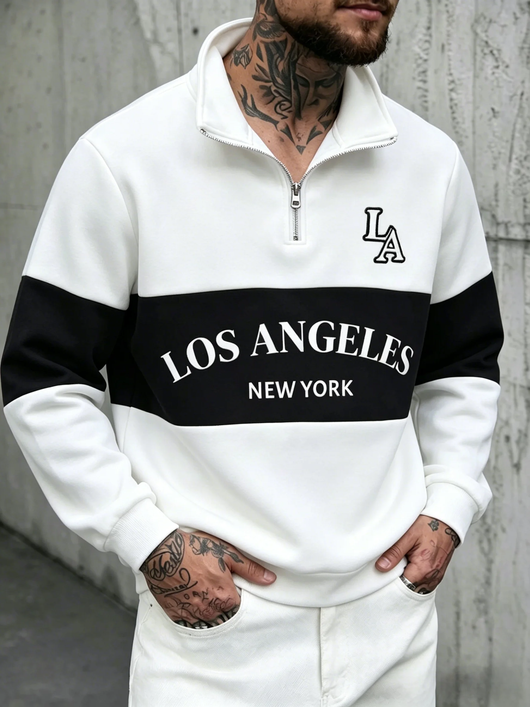 Sudadera con capucha y media cremallera en blanco y negro con estampado de la letra LA, cuello alto, estilo casual holgado para hombre, ideal para comercio transfronterizo.