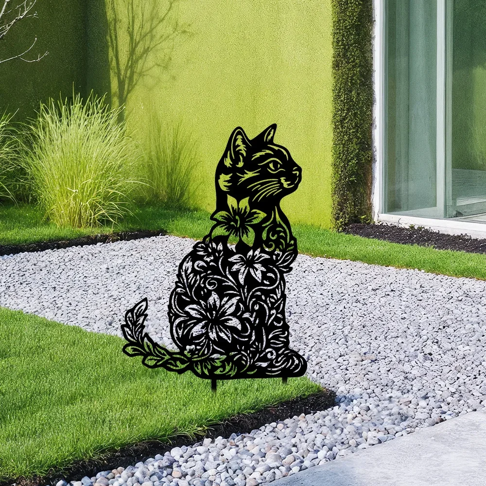 [2D Flat] Vintage Floral Kitten Iron Garden Stake Ground Spike Gift Christmas Cat Lovers Home Garden Lawn Landscape Ornaments
