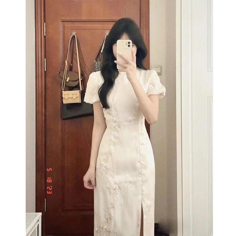 Nieuwe Chinese Sle Geborduurde Rok Bubble Sve Dames Dr Zomerseizoen Mid Taille Split A-lijn Dr