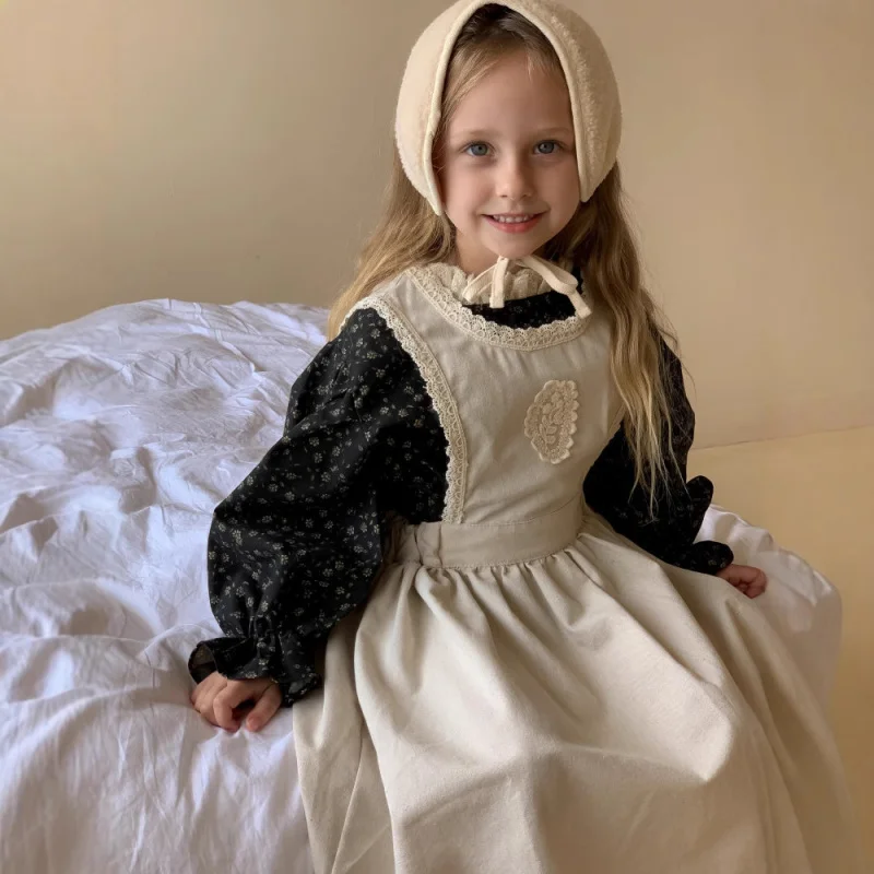 

Girls' Stylish Outfit Autumn New Fashion Loose Children's Puff Sleeve FloralTT-shirt Strap Dress