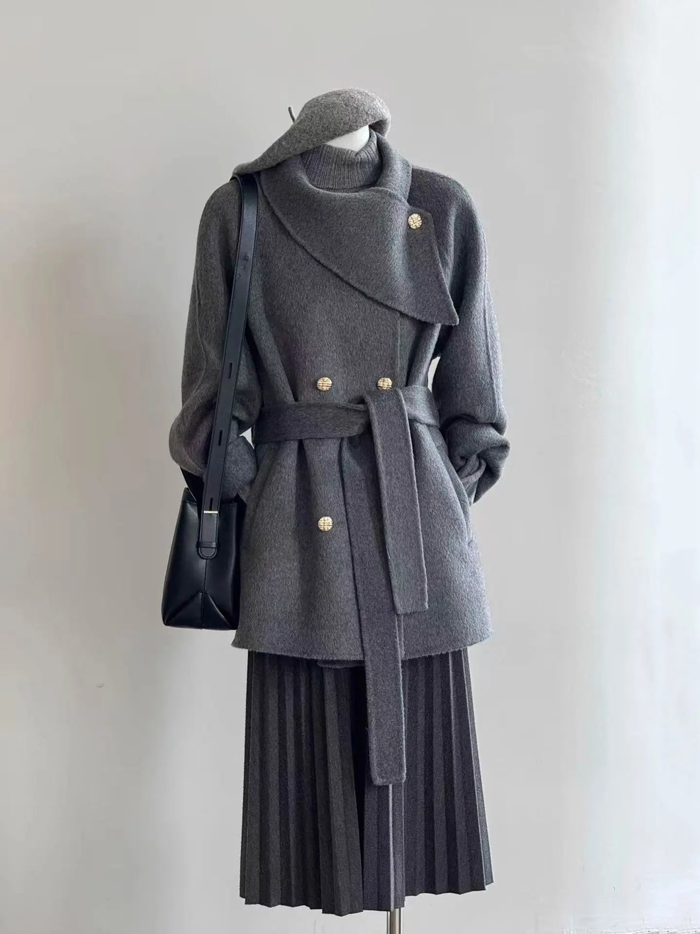 SuperAen Autumn and Winter 2025 New Korean Style Mid-length Woolen Coat for Women Double Breasted Lace-up Jackets