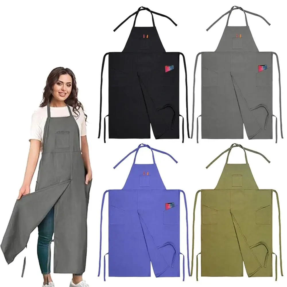 New Canvas Kitchen Apron Extra-long Multi-pockets Working Clothes Waterproof Split Design Painting Apron Men Women Use