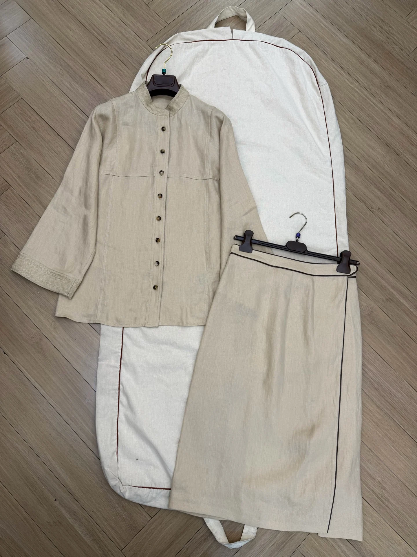 High-Quality, Stylish, And Casual Light Khaki Embroidered Linen Top And Linen Skirt From The Pre-Fall 2026 Collection.